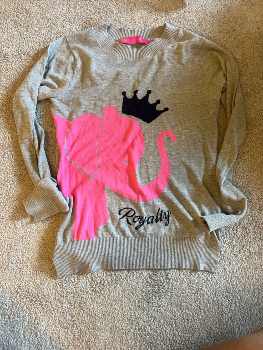 Macbeth Collection Gray Sweater with Pink Elephant & Black Crown - "Royalty"